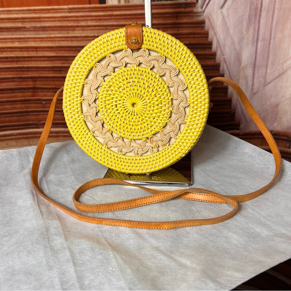 Rattan Limoncello Circular Crossbody Bag, snap closure, fully lined, beautiful